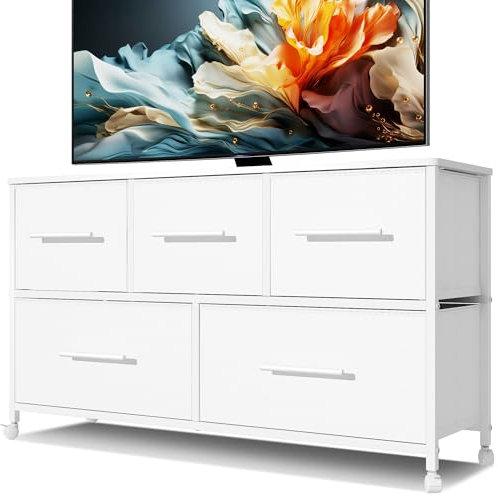 MYGIIVOVO Kommode für Schlafzimmer mit 5 Stoffschubladen, TV-Ständer mit 4 Rollen, Aufbewahrungs-Organizer für Wohnzimmer, Kinderzimmer (weiß)