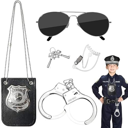 KVGBNT Handschellen Kinder, Karneval Kostüm, 5 Stück Polizei Kostüm Zubehör Ausrüstung Halskette Armband Schlüssel Brille Kabelloser Ersatzschlauch, Für Cosplay Polizei Männer Frauen