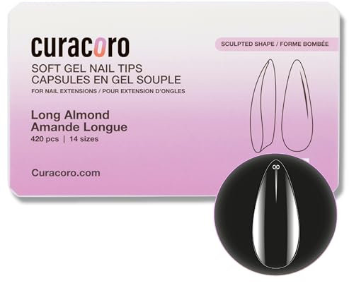 Curacoro Sculpted Nail Soft Gel Tips - 420Pcs Soft Gel Nail Extension Tips, 14 Sizes Clear Full Cover Fake Nails for Extension, Long-Lasting Salon Quality, Natural Look (Almond, Long)