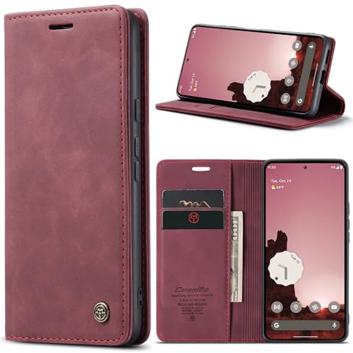 owlhold Handyhülle Google Pixel 9A hülle klapphülle Premium Lederhülle Weiches Vintage Handytasche Faltbare Ständer Schutzhülle Kartenfach Standfunktion hülle Google Pixel 9A - Weinrot