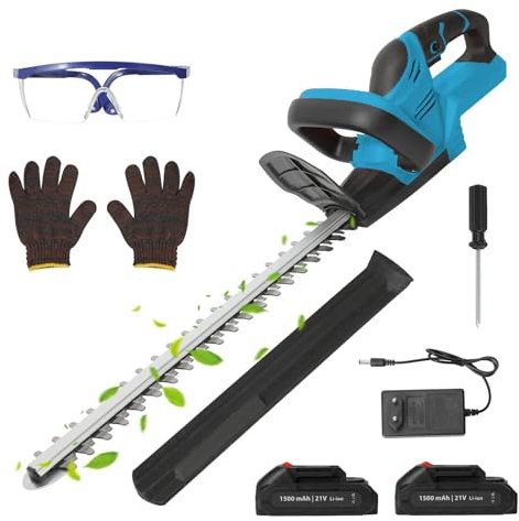 Taille-Haies Électrique 21V, Longueur de Coupe 55 cm, Écartement des Dents 15 mm, Taille-Haies sans Fil avec 2 Batteries 7500 mAh, Lame Double Action, pour la Taille des Arbres et des Pelouses