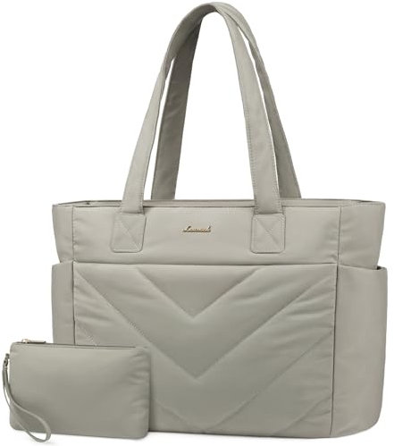 LOVEVOOK Laptoptasche Damen 15,6 Zoll, Handtasche Groß Shopper Tasche Arbeitstasche Puffer Bag, Lehrertasche Schultertasche Tote Handbags Women für Uni Business Schule, Grau Grün