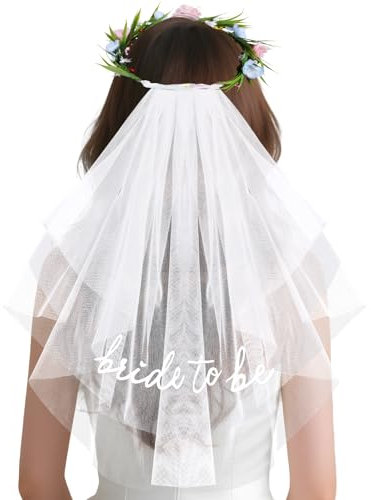 BOOMTOP Brautschleier mit Blumenkranz Schleier Braut Kurz Hochzeit Haarschmuck Blumen Haarreif JGA Accessoires Kopfschmuck Bride to be Weiß Brautschmuck für Junggesellenabschied Mottoparty Cosplay