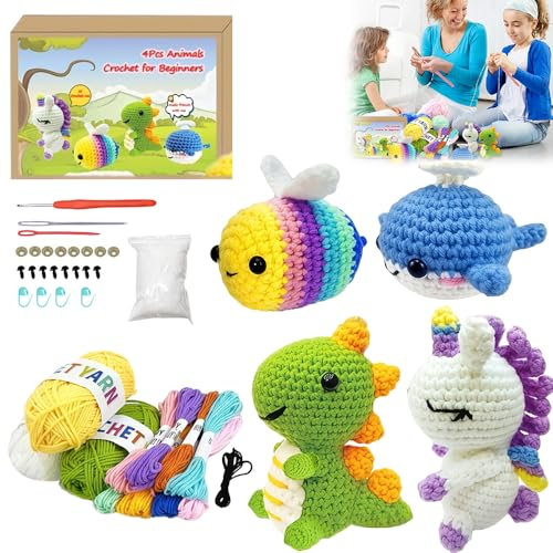 ADDLIVE Häkelset für Anfänger Kinder, 4 Tiere Stricken für Anfänger Set, Tiere HäkelnSet mit Häkelnadeln Garn und Video, DIY Strickliesel Set für Erwachsene Kinder (BieneEinhornDinosaurierWale)