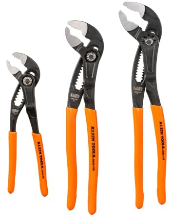 Klein Tools D5053BKIT 3-Piece Adjustable Pliers, Quick-Adjust Klaw Pump Pliers Set, 7-Inch, 10-Inch, and 12-Inch, Compact Design with V-Jaw and Hardened Teeth for Maximum Torque