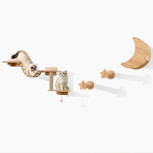 COSTWAY Arbre a Chat Mural en Bois, 6 Pcs Parcours Chat, Hamac en Forme de Lune, Pont, Tour pour Chaton à 2 Niveaux, Plateforme, 2 Marches, Poteaux à Griffer en Jute, Pompon Suspendu