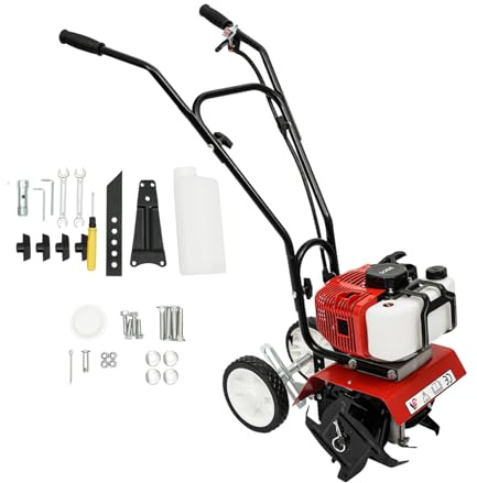 LENJKYYO Gartenfräse Benzin, 52CC 2 Takt Motorhacke Benzin mit 30cm Arbeitsbreite, 1,9KW Bodenfräse, 6500–7000 U/min Kultivator, Kehrmaschine für Garten, Feld & Beet