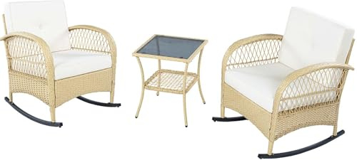 SHAIRMB BalkonmöBel-Set Mit SchaukelstüHlen, 3-Teiliges Rattan-Gartenset 2 SchaukelstüHle Mit Tisch, Balkon- Und TerrassenmöBel-Set Inklusive Kissen FüR 2 Personen,Beige