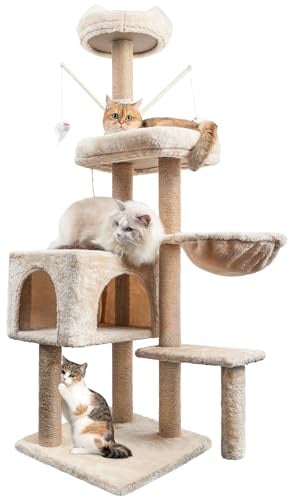 Kratzbaum Katzenbaum, 145 cm hoch, Katzenkratzbaum mit Sisal Kratzsäulen | Stabiler Kratzbaum mit Säulen, Katzenhöhle, Katzenspielzeug, Katzenkorb für Katzen Kätzchen, Cremeweiß