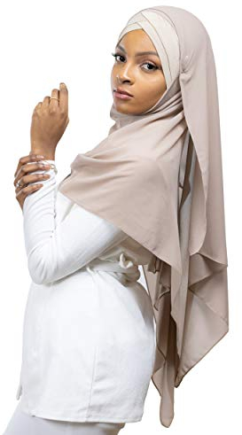 Lamis Hijab - Fertiger Hijab Schal Kopftuch zum Überziehen, gekreuzt, mit integriertem Bonnet-Untertuch, für muslimische Damen, islamischer Schal Gr. Einheitsgröße, taupe