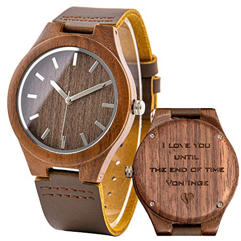 LMWOOD Holzuhr mit Lederarmband Walnuss Holz Uhr Herrenuhr Holzoptik Personalisierte Uhr für Männer Gravur Holz Uhr Ehemann Freund