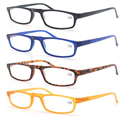 MODFANS Confezione da 4 Occhiali da Lettura 1.0 per Uomo/Donna, Cerniera a Molla,Leggera,Visione Chiara,Lente Trasparente con Custodia,Colore Nero-Blu-Marrone-Giallo