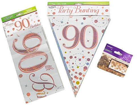 90th Birthday Decoration Kit Age 90 Decorations Banner Bunting Confetti Rose Gold FANCYDRESSCOZ FDC Him Her Men Women