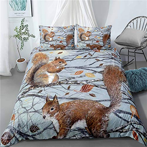 Ländlicher Stil 2/3 Stück Bettwäsche Set Rosa Beige Kleine Blume Tier Eichhörnchen Pferd Muster Mikrofaser Kunst Ölgemälde Familie Bettbezug mit Kissenbezug (Mehrfarbig 2, 135 x 200 cm)