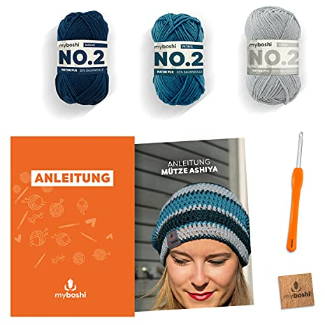 myboshi Häkelset Beanie Ashiya, inkl. No.2 Wolle, Nadel und Anleitung, für Babys und Amigurumi, Häkelpaket, leichtes Sommergarn, 85% Baumwolle, 15% Kapok Blau mit Häkelnadel