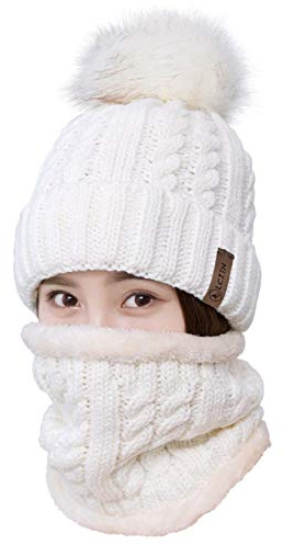 Womens Pom Beanie Hat Scarf Set Girls Winter Ski Hat Slouchy Knit Cap with Fleece Lined