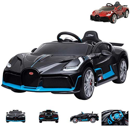 ES-TOYS Kinder Elektroauto - Kinderfahrzeug - Bugatti Divo - lizenziert - 12V7AH, 2 Motoren- 2,4Ghz Fernsteuerung, MP3, Ledersitz+Eva+Lackiert (Schwarz)