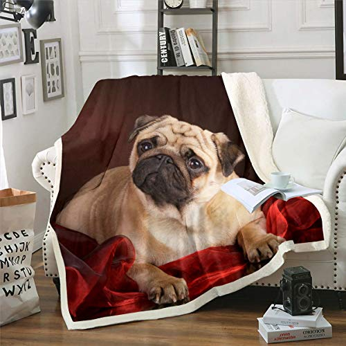 Tbrand Hund Bedruckt Wohndecke Mops Hund Decke 150x200cm für Kinder Jungen Mädchen Hippie Mops Welpe Kuscheldecke Lustiger Hund Tierdruck Ultra weich