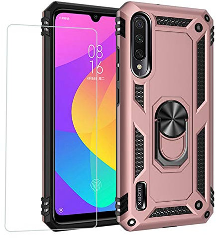 Joytag Compatibile per Cover Xiaomi Mi A3，Custodia + Vetro temperato Silicone TPU 360 Grado Anello Girevole Magnetico Supporto Cassa del Telefono dell'auto Case-Rose Gold