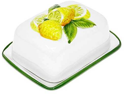 Lashuma Butterdose Keramik, Handgemachte Butterschale 12x9 cm, Kleine Butterbox mit Zitronen Relief