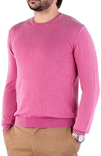 Cashmere Zone-Maglione Uomo Girocollo in Puro Cotone Egiziano Artigianalità Italiana e Confort a Manica Lunga (Rosa Fragola,XXL)
