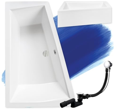 BADLAND Badewanne Original Weiß Acryl Wanne Eckbadewanne INTIMA 180x125 Links KOMPLETTSET SET mit Weiß Acrylschürze + Füßen und Exklusive Chrom Automatik Ablaufgarnitur Made in EU 4in1