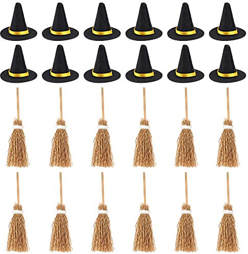 24 PCS Mini Witch Hats and Brooms Decoration Halloween Mini Felt Witch Hat Mini Broom Ornament with White Rope Witch Accessories for DIY Crafts Halloween Party Favors
