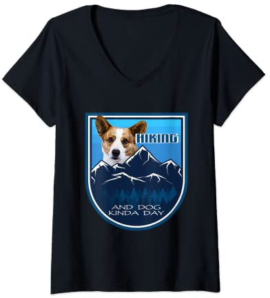 Damen Wander- und Hundeweste Kinda Day mit Welsh Corgi T-Shirt mit V-Ausschnitt