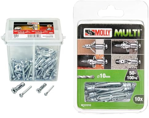 Molly M71020X-XJ Seau de 100 Chevilles, Gris & M101010-XJ Molly Multi Chevilles métal avec vis agglo, Gris, Set de 10 Pièces