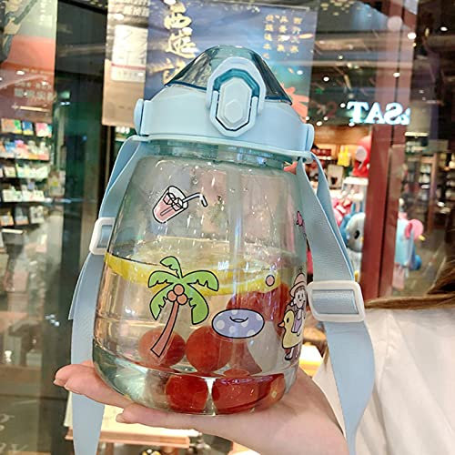 JIMINISO 1300 ml Wasserbecher für Damen, großes Fassungsvermögen, tragbares Netz, roter Bauch, Kunststoff mit Strohhalm, hohe Schönheit, Aufkleber, Wasserkocher, Flaschen