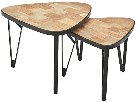 möbelando Design Couchtisch 2er Set Mango/Akazie Massivholz Satztisch Dreieckig | Wohnzimmertisch Braun mit Metallbeine | Tischset 2-teilig Satztisch Holz/Metall Schwarz