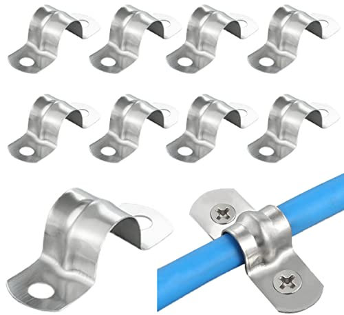 20 Pcs 10mm/0.39inch Pipe Strap Clamps 304 Stainless Steel Pipe Clips Two Hole U-Tube Strap Tension Clips Hose Saddle Clip for Water Tube and Gas Tube