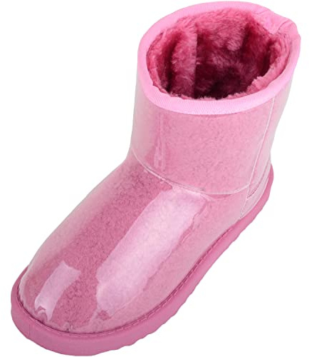 Childrens Kids Girls Soft Slip On Lightweight Faux Fur Lined Boots Booties - Pink - UK Child 12 / EU 30-31