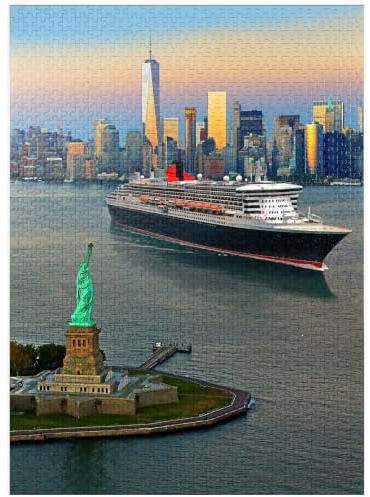MyPuzzle Hafeneingang mit Freiheitsstatue, Die transatlantische Linerin Queen Mary 2 - Premium 1000 Teile Puzzle für Erwachsene