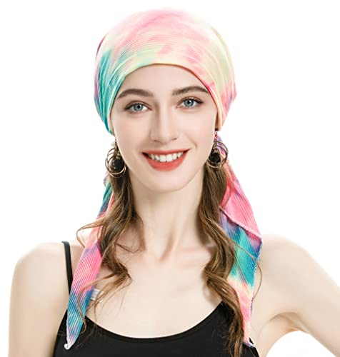 ZLYC Damen Chemo Turban Mütze Vorgebundenes Kopftuch Headwraps Leichte Hut(Krawatte Gefärbt Bunt)
