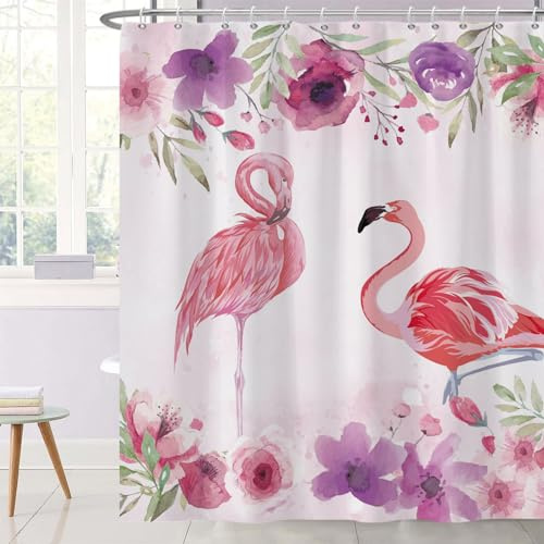 Ttincceer 152x183cm Rideau de Douche Flamant Rose Aquarelle - Fleur Tropical Animal Couple Rouge - Baignoire étanche avec Crochet