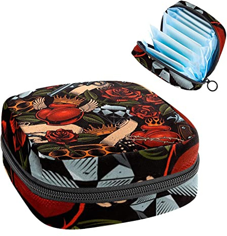 Aufbewahrungstasche für Damenbinden, Menstruationstassen-Tasche, Perioden-Tasche, Organizer für weibliche Pads, Tampons, Vintage-Rosen-Tattoo