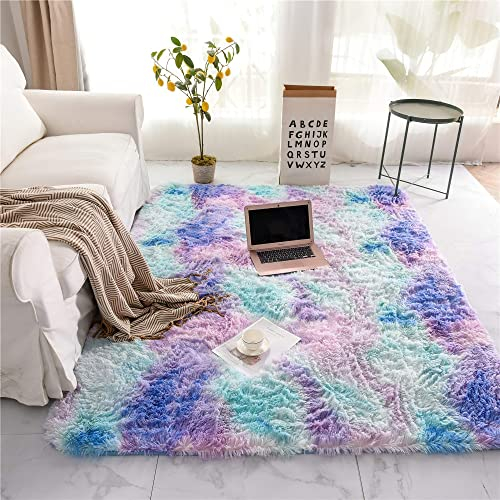 ROHATIM Hochflor Teppich Wohnzimmer Super weich Shaggy Teppich Flauschiger,Soft Area Rug Schlafzimmer Teppiche Super weich Fluffy Kindermatte Carpet(Blau Lila,80 x 150 cm)