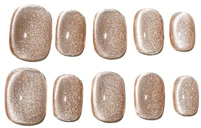 Sun&Beam Nails Handmade Press On Short Round with Flesh Color Cat Eye Design Charm Cute False Nail Tips 10 Pcs (#95 L)