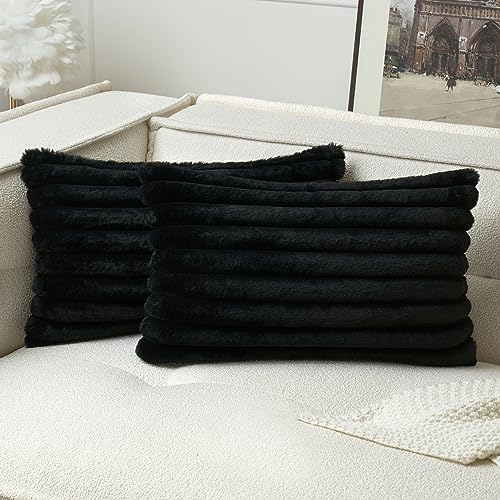 MIULEE Plüsch Samt Kissenbezug Kissenbezüge Kunstpelz Weich Moderne Sofakissen Dekokissen Glatter Reißverschluss Waschbar Deko Kissenhülle für Wohnzimmer Schlafzimmer Sofa 2er Set 30x50 cm Schwarz
