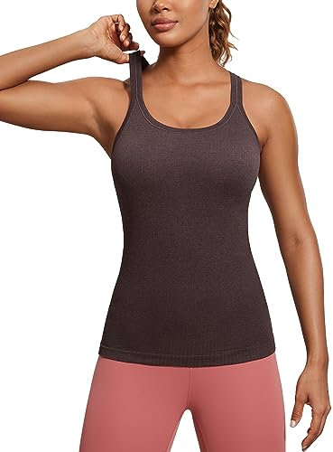 CRZ YOGA Damen Racerback Yoga Tank Top Gepolstert Ohne Bügel Sport Top Nahtlos Lang Tanktops Fitness Gym Oberteile Taupe 40