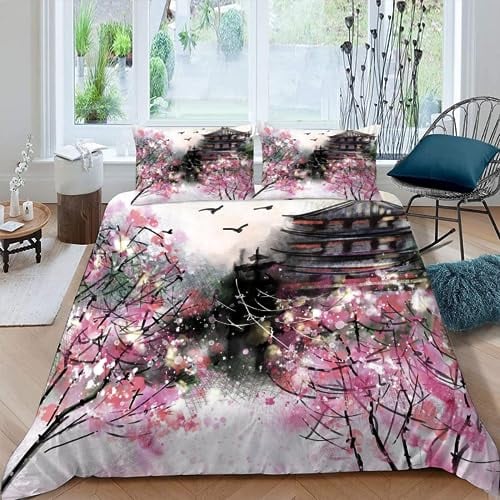 AASIRA Japan Sakura Bettwäsche 135x200 Kinder Bettwäsche Japanische Landschaft Weiche Mikrofaser Bettbezug mit Reißverschluss Jungen Mädchen Bettwäsche-Set 3D Motiv Bettbezüge mit 2 Kissenbezug 80x80