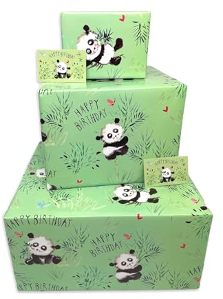 Twizler Geschenkpapier und Geburtstagskarte mit Pandas, 2 Bögen und 2 Etiketten mit passender Karte, gefaltete Blätter, 70 x 50 cm, süßes Kinder-Geschenkpapier für Mädchen oder Jungen