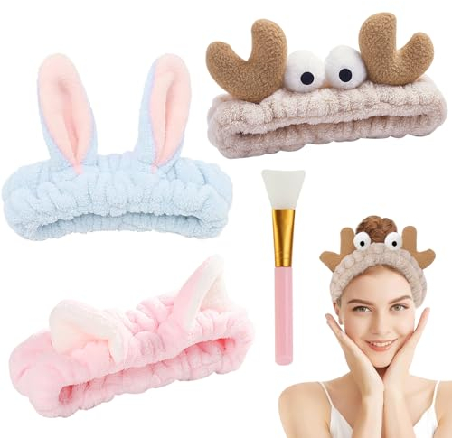 RTRTGS 3 stücke Haarband für Make Up,Damen Kosmetisches Stirnband Elastische Korallen Fleece Haarbänder für Waschen Gesicht Spa Yoga Sport Beauty,Beige, Blau, Rosa,Mit einem Maskenpinsel