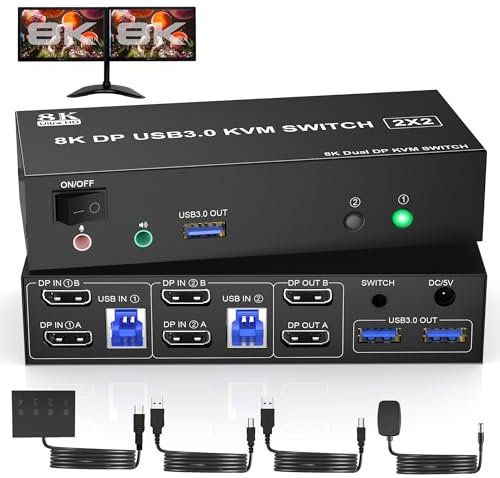 8K@60Hz USB 3.0 Displayport KVM Switch 2 PC 2 Monitore, DP 1.4 Dual Monitor KVM Switch mit Audio Mikrofon Ausgang und 3 USB 3.0 Geräten, Desktop-Controller und 2 USB Kabel