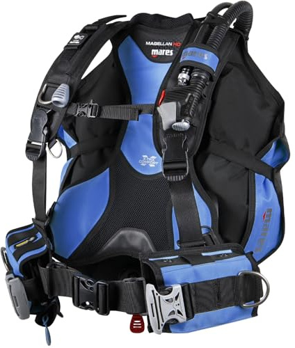 Mares Magellan HD BCD - Unisex Versatile Lightweight Foldable Backmounted Scuba Diving Jacket BCD, Black/Blue, X-Large