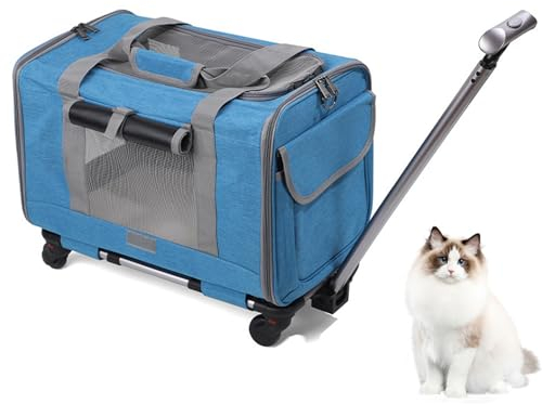Transporttasche mit Rollen für Katze und Hunde, Tragetasche mit Teleskopgriff und Abnehmbaren Rädern, Faltbare Haustiertrage Transportbox mit Trolley für Kleine Mittelgroße Hund und Katzen (Blau)