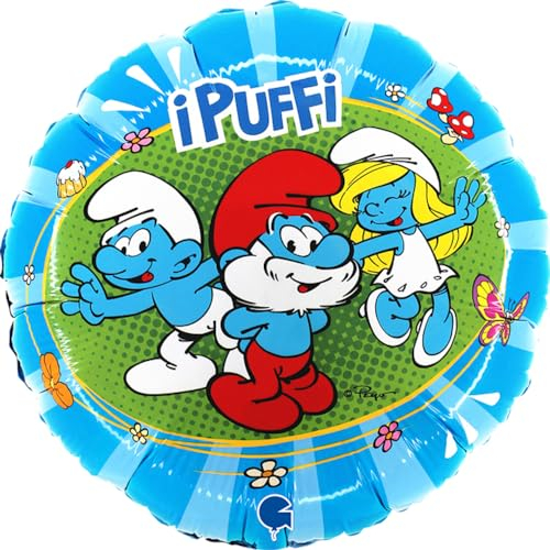Puffi palloncino Grabo. Per feste per bambini rotondo puffo, puffetta, grande puffo, in foil con cannuccia per gonfiarlo. palloncini colorati made in italy 35x35 cm