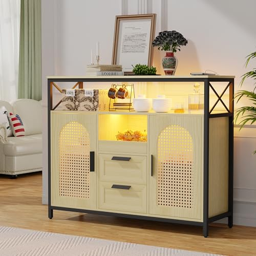 Lvifur Led Küchenschrank Buffetschrank, Landhausstil Sideboard Mit Kabelloser Ladestation, RGB 20-Farben Dimmbares Licht Bücherregal Mehrzweckschrank Automatischem Sensor Schlafzimmer 100×32×80cm