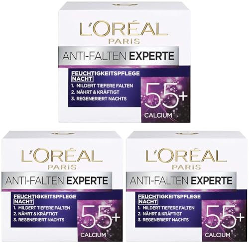 L'Oréal Paris Nachtpflege für das Gesicht, Feuchtigkeitspendende Anti-Aging Nachtcreme mit Calcium zur Minderung von Falten, Anti-Falten Experte 55+, 1 x 50 ml (Packung mit 3)